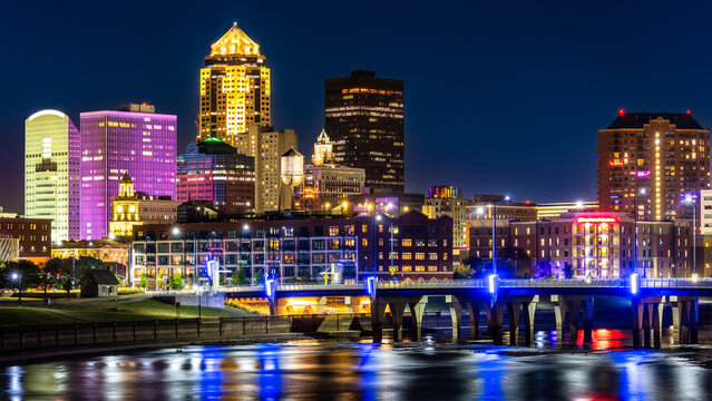 Des Moines, Iowa skyline by night. Des Moines is the capital and most populous city in the U.S. state of Iowa and seat of Polk County