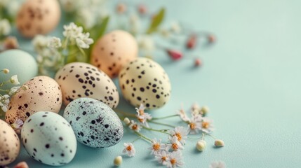 Fototapeta premium A serene arrangement of speckled eggs and delicate flowers on a soft pastel background.