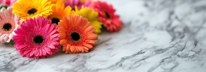 A vibrant arrangement of flowers on a marble surface, enhancing decor and aesthetics.