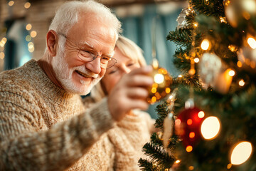 Joyful seniors adorning a festive Christmas tree, celebrating the warmth of winter holidays in their cozy home