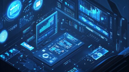Fototapeta premium A futuristic digital interface displaying data analytics and visualizations.