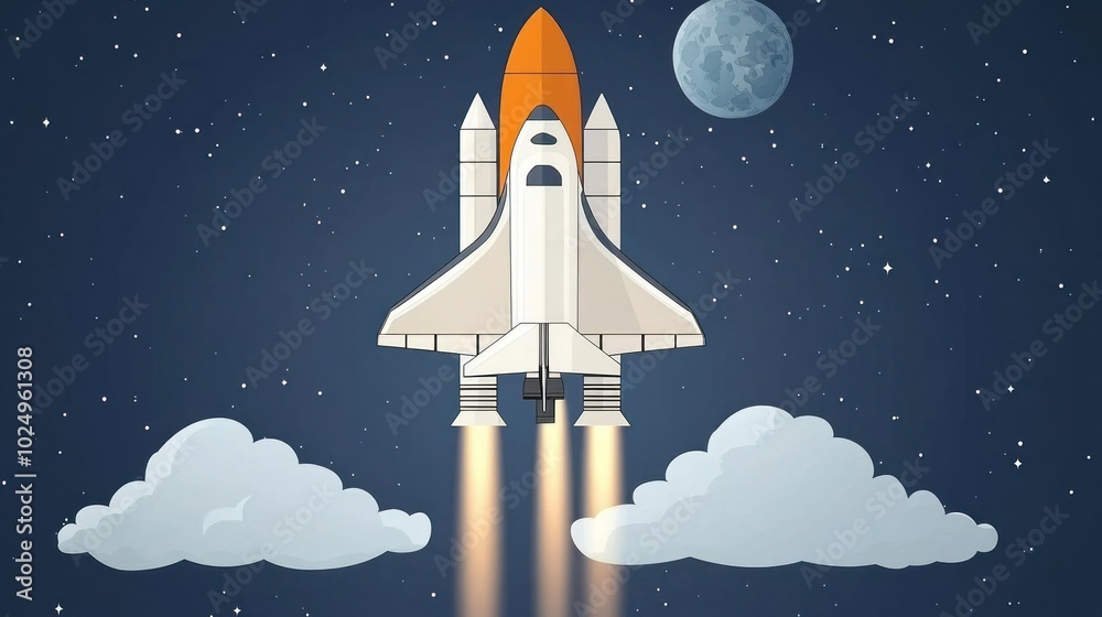 Wall mural a rocket launching into space with clouds and a moon in the background.