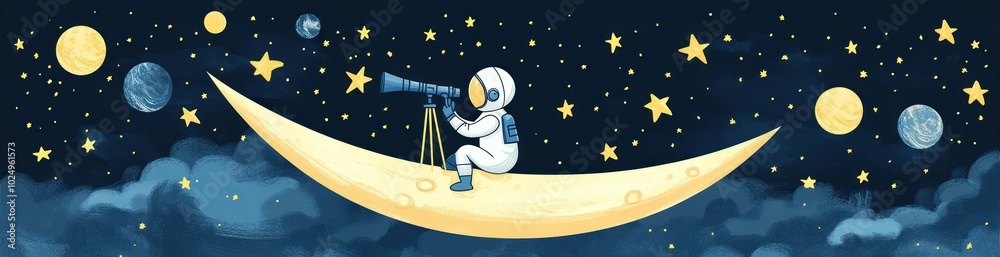 Sticker an astronaut sitting on a crescent moon, using a telescope to observe the stars and planets.