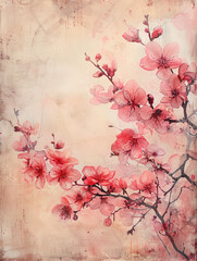  Vintage  art piece, capturing the elegance of soft pink and red tones on a time-worn canvas,