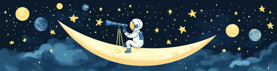 Fototapeta premium An astronaut sitting on a crescent moon, using a telescope to observe the stars and planets.