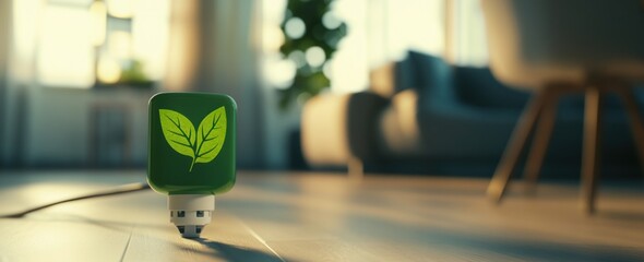 A green device with a leaf symbol, suggesting eco-friendliness, rests on a wooden floor.