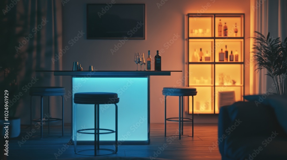 Wall mural A dimly lit modern bar area with illuminated shelves displaying various bottles.