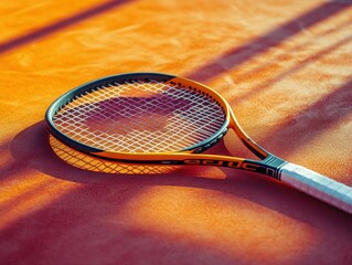 Tennis racket laying on a tennis court with a shadow