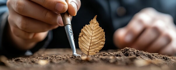 Paleontologist brushing away dirt to reveal a perfect leaf fossil in the ground