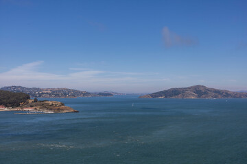 Breathtaking view of San Francisco Bay from the Golden Gate Bridge, showcasing the natural beauty and iconic landmarks of California's Bay Area.