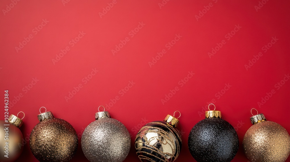 Poster A festive arrangement of decorative Christmas ornaments against a red background.