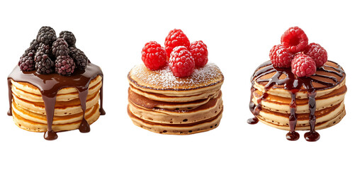 Collection of pancake stacks isolated transparent background