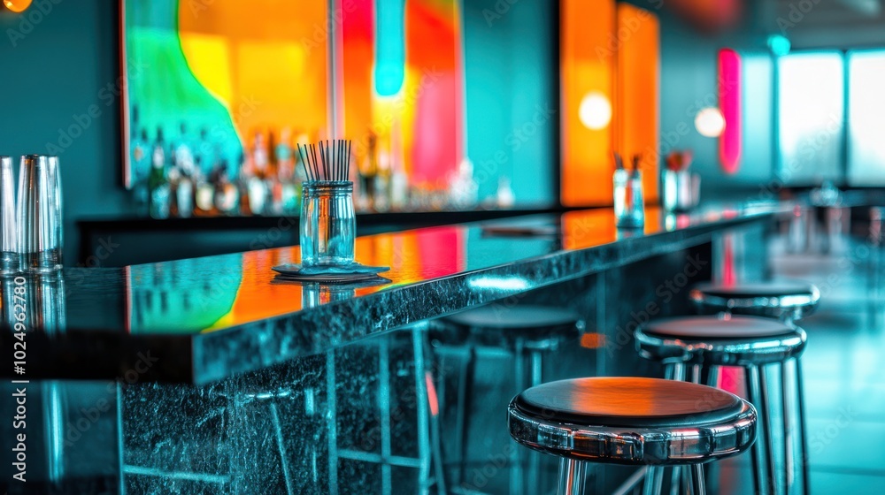 Poster A vibrant bar scene featuring colorful decor and sleek seating.