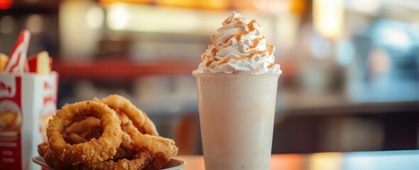 Fototapeta premium A delicious milkshake topped with whipped cream beside a plate of crispy onion rings.