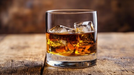 Glass of Golden Whiskey with Ice Cubes on a Rustic Wooden Table. Close-Up, Selective Focus.