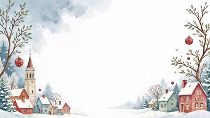 Whimsical watercolor Christmas village scene with snow and festive decorations in pastel colors