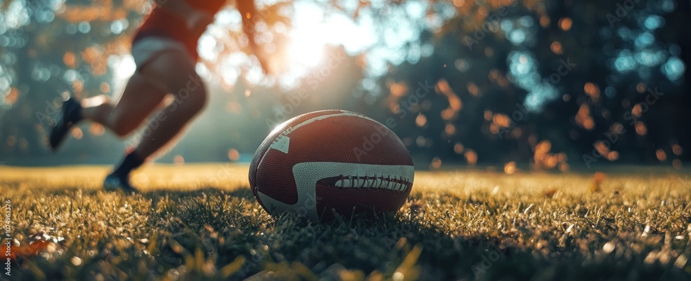 Poster A football on the grass with a player in motion during a sunny outdoor practice session.