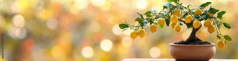 Wall mural A bonsai tree with yellow fruits set against a blurred natural background.