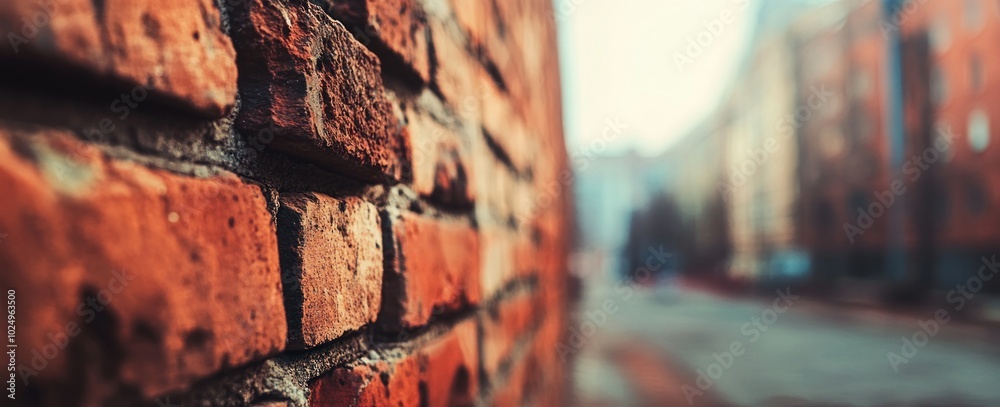 Wall mural A close-up of a weathered brick wall with a blurred urban background.