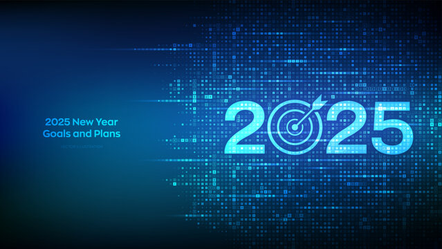 2025 New year Goals and plans. Numbers 2025 made with currency symbols. New 2025 financial year. Business plan and strategies. New 2025 fiscal year. Background with currency signs. Vector illustration