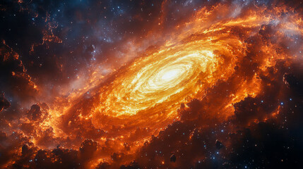 Obraz premium A mesmerizing golden spiral lights up a dark cosmic space, surrounded by shimmering particles