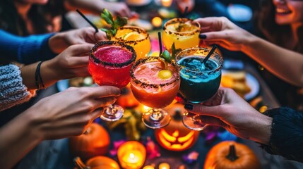 A festive gathering with colorful cocktails and Halloween decorations.