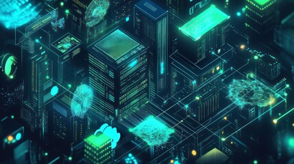 Futuristic cityscape with glowing buildings and digital elements.