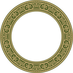 Vector round gold with green border, frame, Pompeii ring. Circle Neopolitan ornament. Art of Ancient Rome