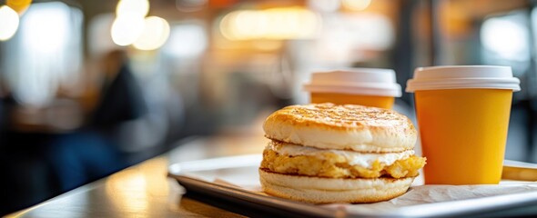 A breakfast sandwich with two cups of coffee on a tray in a cozy café setting.