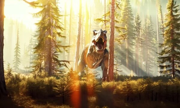 An enraged Tyrannosaurus rex, a formidable predator from prehistoric times, launches a ferocious attack, demonstrating its immense power and dominance