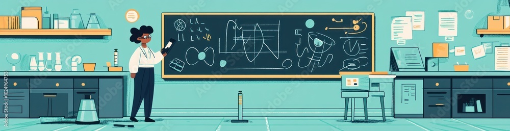 Poster A scientist in a lab examines a phone beside a chalkboard filled with scientific diagrams.