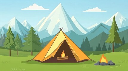 A serene camping scene with a tent, campfire, and mountains in the background.