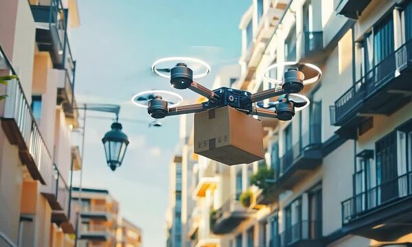 Industrial drone delivering packages in an urban area The use of drones for delivery services represents a significant innovation in logistics and transportation