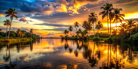 sunset on the lake, palm tree, gold