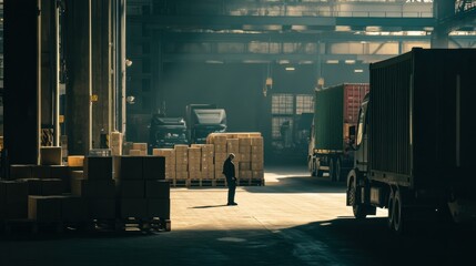 A solitary figure stands in a large industrial warehouse surrounded by trucks and boxes.