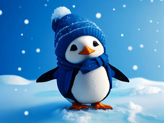 A cute penguin wears blue clothes on a snow background