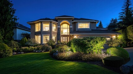 A modern house illuminated at night, surrounded by landscaped greenery.