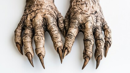 Detailed sculpture of two monstrous hands with sharp claws.
