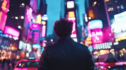 Fototapeta premium A person stands in Times Square, surrounded by vibrant neon lights and bustling city energy.