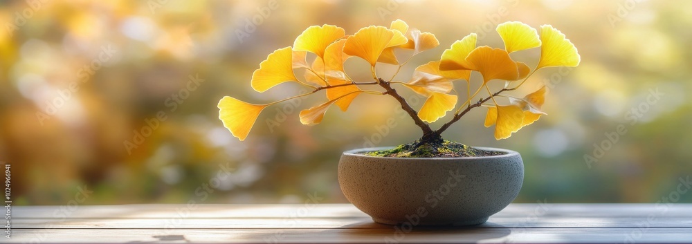 Poster A small bonsai tree with vibrant yellow leaves in a simple pot, set against a blurred background.