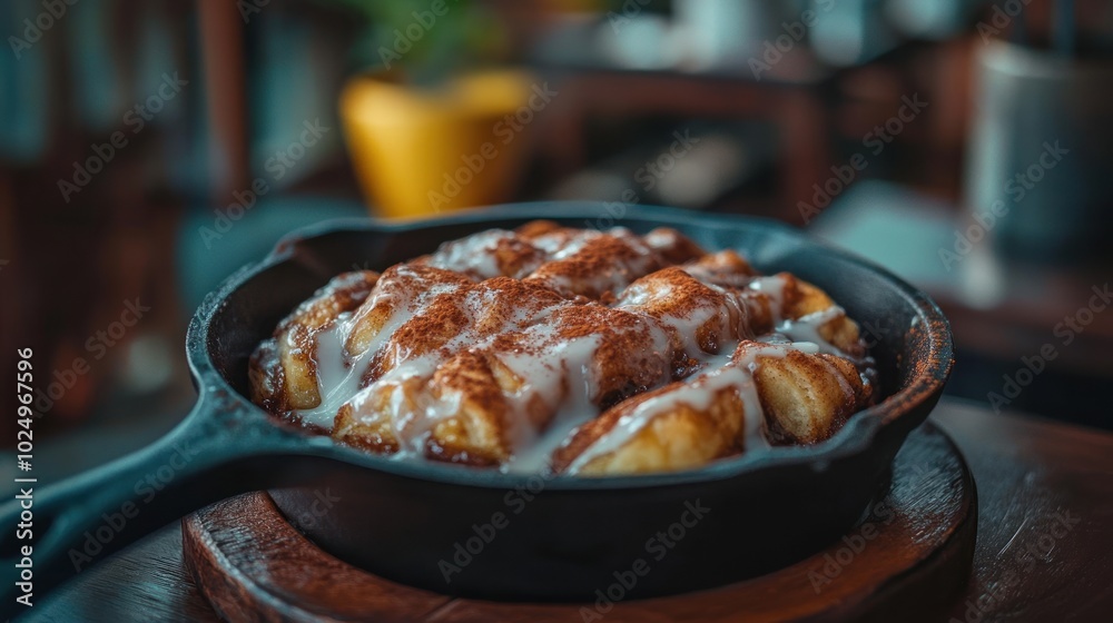 Wall mural A delicious cinnamon roll dessert served in a cast iron skillet, drizzled with icing.