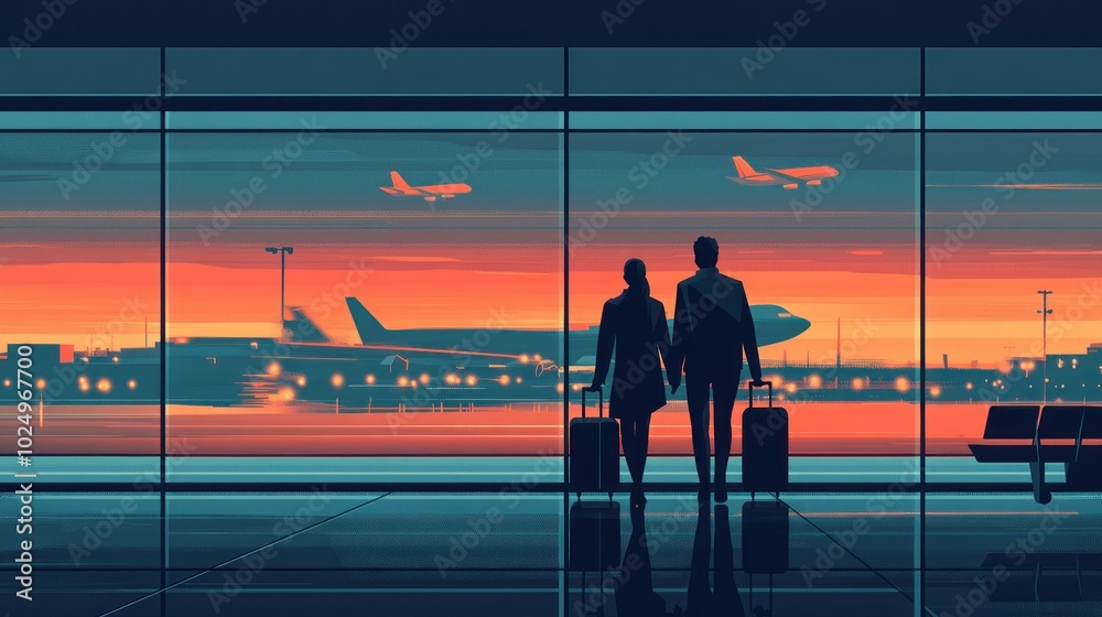 Wall mural A couple stands at an airport window, holding suitcases, watching planes against a sunset.