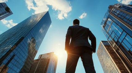 Naklejka na ściany i meble Businessman Looking Up at Modern Skyscrapers