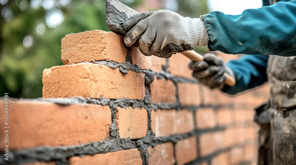 Poster A person laying bricks with mortar to construct a wall.