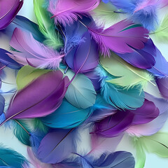 Fototapeta premium A close-up of vibrant, multicolored feathers scattered across a white surface, featuring rich shades of purple, green, and blue, soft natural light highlighting the delicate textures and bright hues 