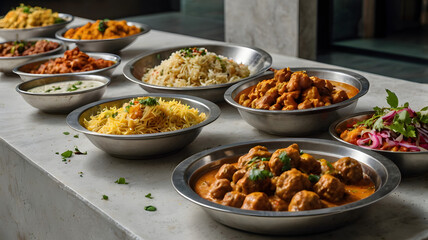 Obraz premium A vibrant Thai market bursts with colorful dishes, from fiery curries and fragrant rice to tangy salads and grilled meats, offering a delicious and healt
