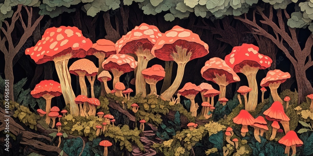 Poster honey mushrooms thrive in large clusters on decaying trees and within mossy clearings in lush forest