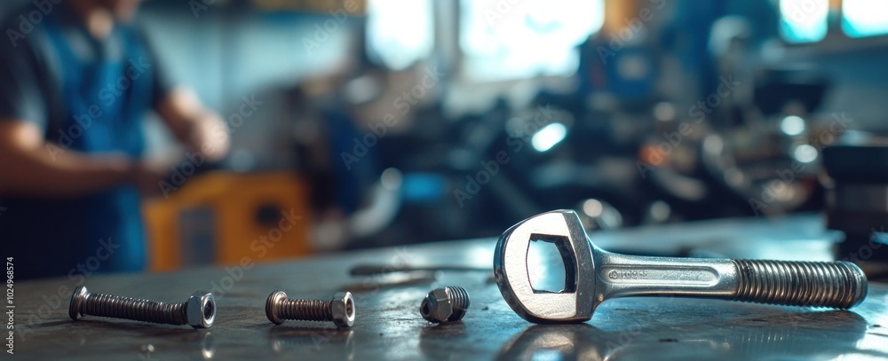 Canvas Prints A close-up of tools on a workbench in a workshop, highlighting mechanical components.