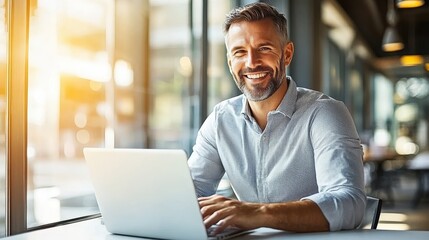 Smiling mature businessman working remotely on laptop, enjoying a productive day in a bright cafe.
