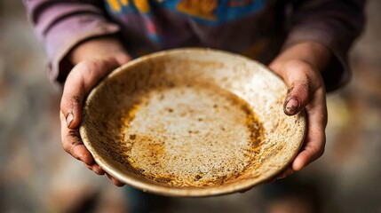 A child holds an empty, dirty plate, symbolizing hunger and the need for food in a poignant representation of poverty.